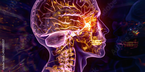 Brain Stem Glioma: The Cranial Nerve Dysfunction and Motor Weakness - Visualize a person with highlighted brain stem showing glioma, experiencing cranial nerve dysfunction and motor weakness