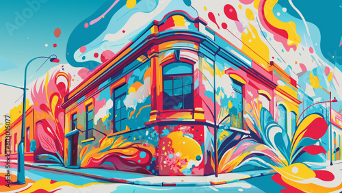 Vibrant Artistic Splash on Urban Architecture Illustration