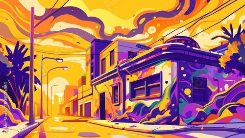 Vibrant Abstract Urban Landscape Illustration with Sunset Colors