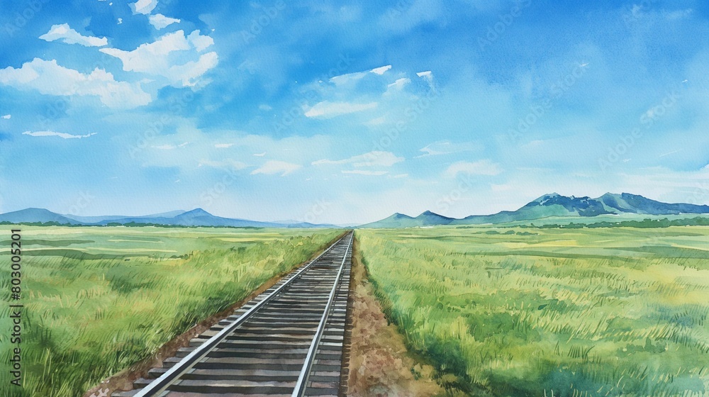 A watercolor illustration of a railway line stretching through green plains under a bright blue sky.