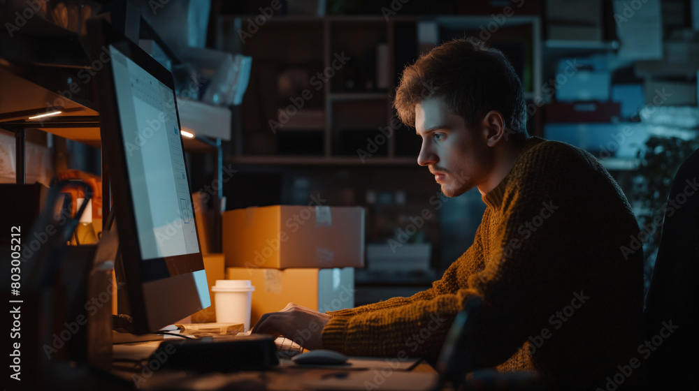 With the soft glow of his computer monitor illuminating his face, the owner-man entrepreneur sits at his desk, navigating the online marketplace to manage sales and orders. As he p With the soft glow of his computer monitor illuminating his face, the owner-man entrepreneur sits at his desk, navigating the online marketplace to manage sales and orders. As he p