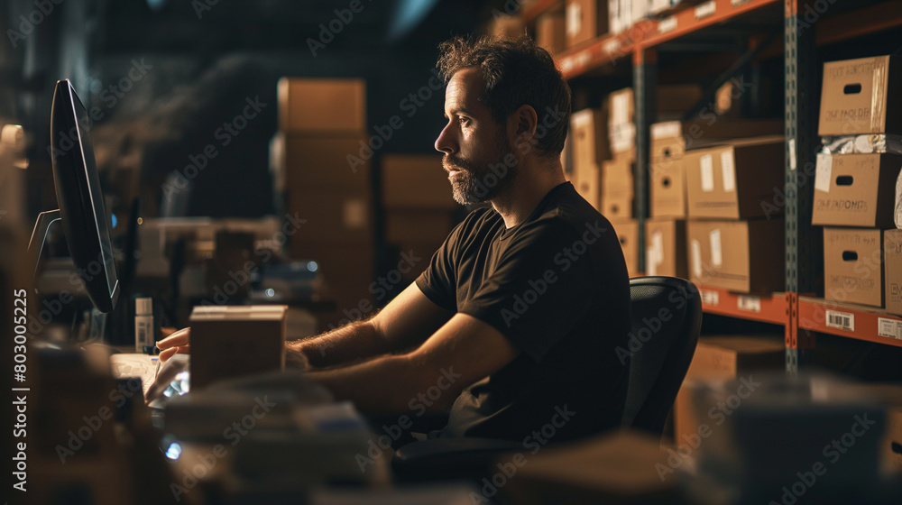 With the soft glow of his computer screen illuminating his face, the owner-man entrepreneur sits at his desk, managing online sales and orders with precision and efficiency. As he