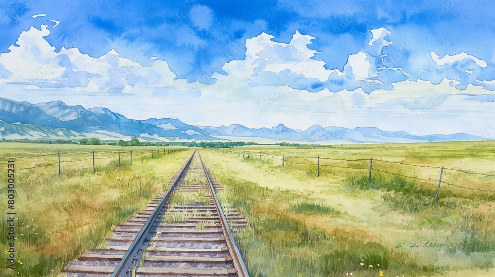 A watercolor illustration of a railway line stretching through green plains under a bright blue sky. A watercolor illustration of a railway line stretching through green plains under a bright blue sky.