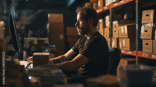 With the soft glow of his computer screen illuminating his face  the owner-man entrepreneur sits at his desk  managing online sales and orders with precision and efficiency. As he