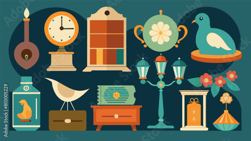 Antique trinkets and curiosities from past eras are thoughtfully curated and displayed adding a touch of whimsy to the vintage collection.. Vector illustration