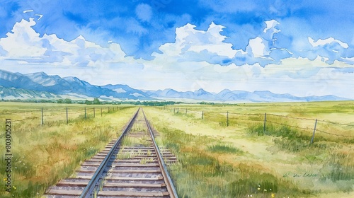 A watercolor illustration of a railway line stretching through green plains under a bright blue sky.