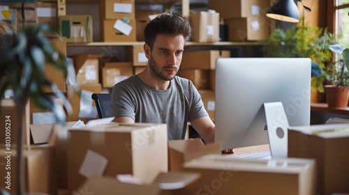Amidst the organized chaos of his home office, the owner-man entrepreneur sits at his desk, surrounded by boxes waiting to be packed. With a sense of purpose, he reviews online ord