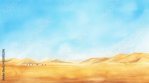 A watercolor illustration of golden sand dunes under a bright blue sky.