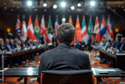 Rear perspective of a male statesperson passionately promoting diplomacy and cooperation to global dignitaries, amidst world leaders and diplomats photo