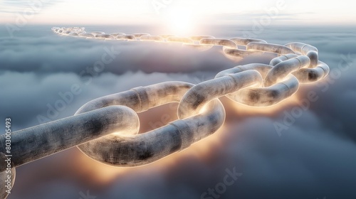 A series of interconnected, glowing chains wrapped securely around a cloud. Each link of the chain is a unique symbol of digital security features. photo