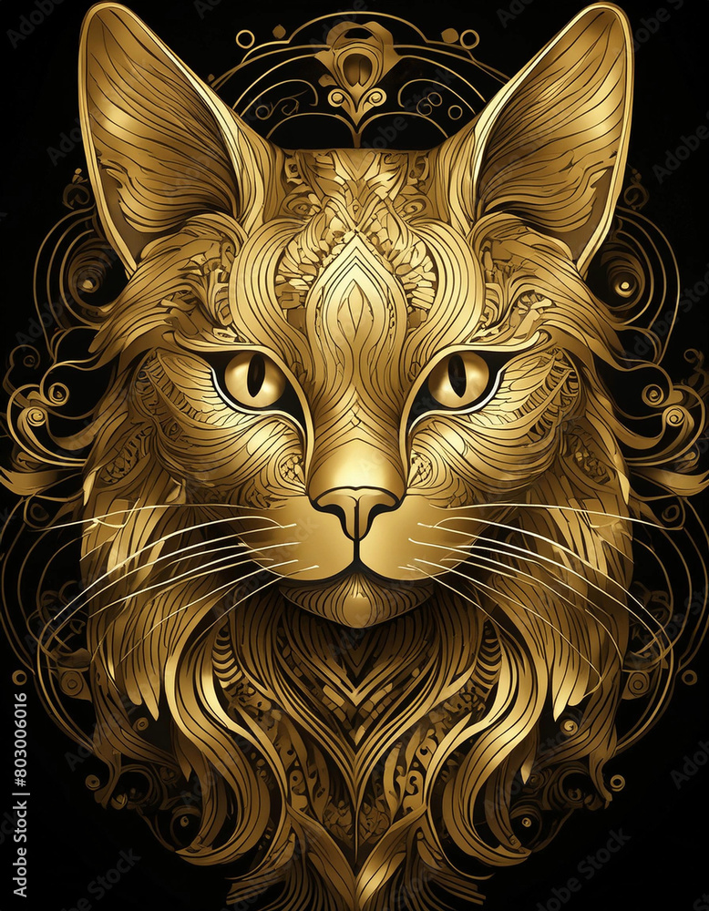 Cat of painted in gold on a black background, gold. Cat of painted in gold on a black background, gold.