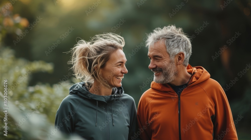 Portrait of Hispanic elderly couple sharing a tender moment in garden, reflecting deep affection and joy, surrounding blooms romantic ambiance, comfortable sportswear complements exercising in park Portrait of Hispanic elderly couple sharing a tender moment in garden, reflecting deep affection and joy, surrounding blooms romantic ambiance, comfortable sportswear complements exercising in park