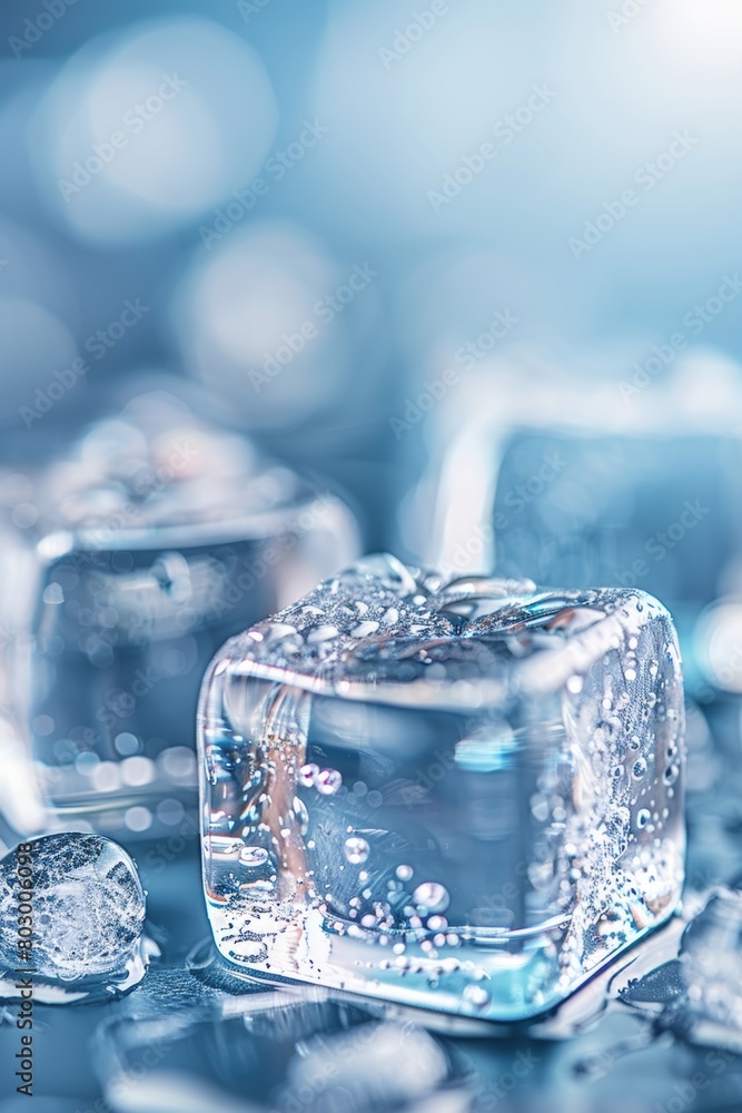 Cold blue ice cubes panoramic view on bluish background, light cold blue color theme Cold blue ice cubes panoramic view on bluish background, light cold blue color theme