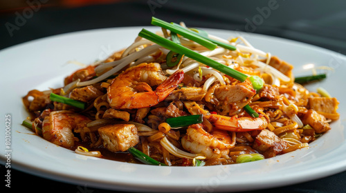 Savory malaysian char kway teow with prawns, chicken, bean sprouts, and chives served on a white plate against a dark background photo