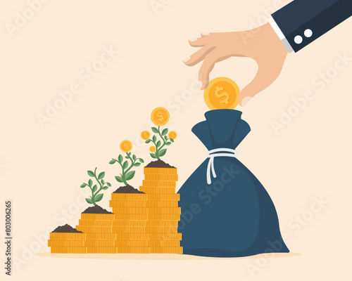 businessman hand adding money in coin in a bag grow money Investment, savings and interest