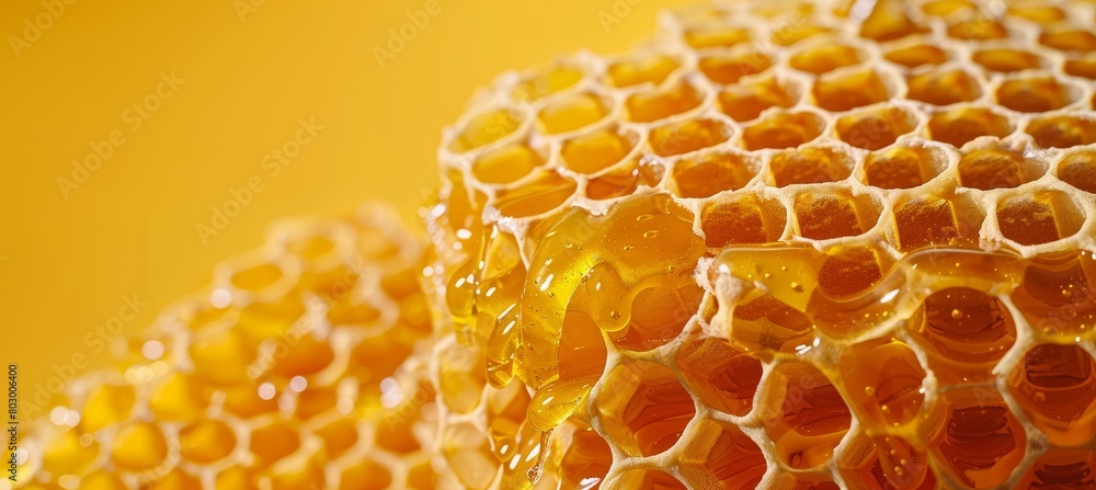 Artisanal sweetness golden honey dripping from dipper onto glistening comb, banner with copy space Artisanal sweetness golden honey dripping from dipper onto glistening comb, banner with copy space