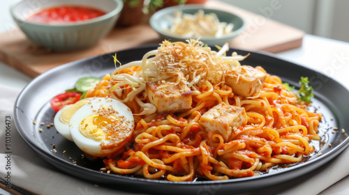 Tasty malaysian mee goreng served with tofu, boiled egg, fresh vegetables, and spicy sauce on a modern black plate