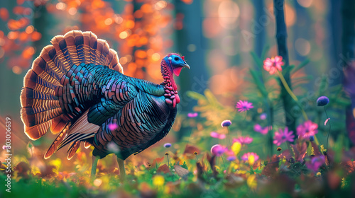 A wild turkey displaying its iridescent feathers in a courtship ritual photo