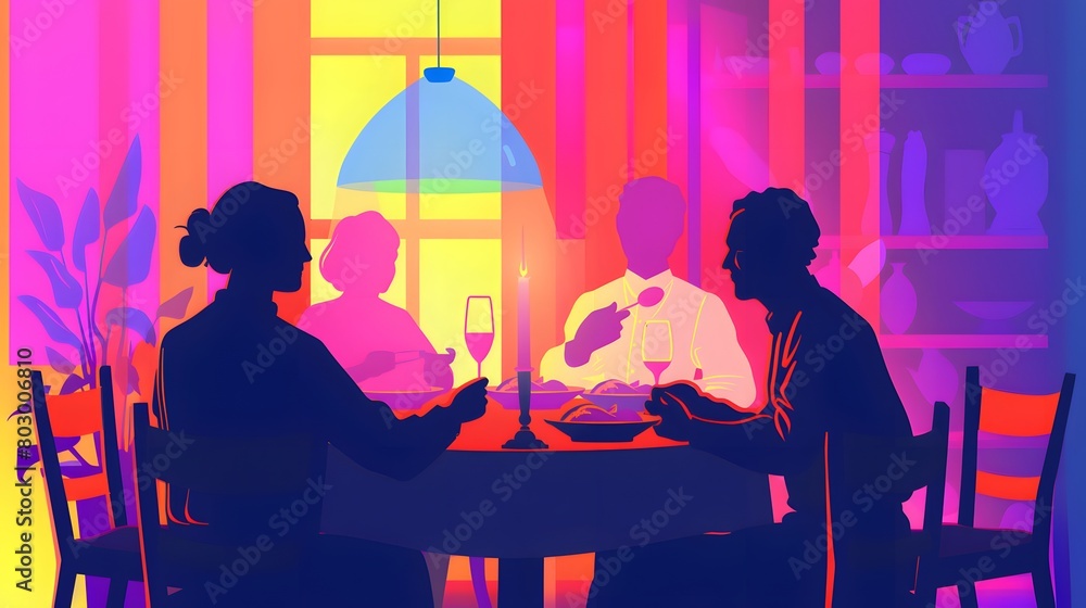 illustration of family dinner, neon style illustration of family dinner, neon style
