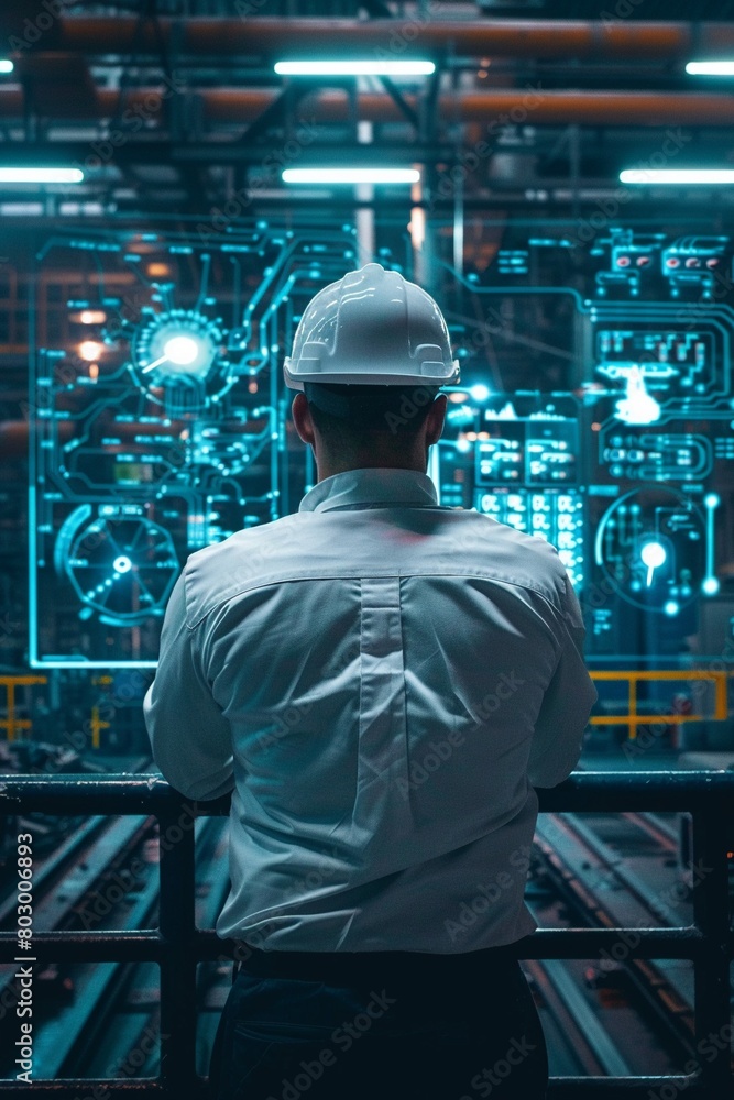 A Back view of an engineer with a hard hat looking at the digital interface of an automated production line in a modern factory. A Back view of an engineer with a hard hat looking at the digital interface of an automated production line in a modern factory.