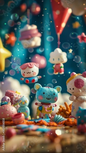 Whimsical 3D Pack Shot of Playful Children's Toys and Figurines in Vibrant,Cinematic Scene © kittipoj