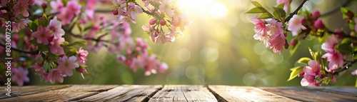 A Pink spring blossoms framing a rustic wooden table with a sunlit bokeh green background