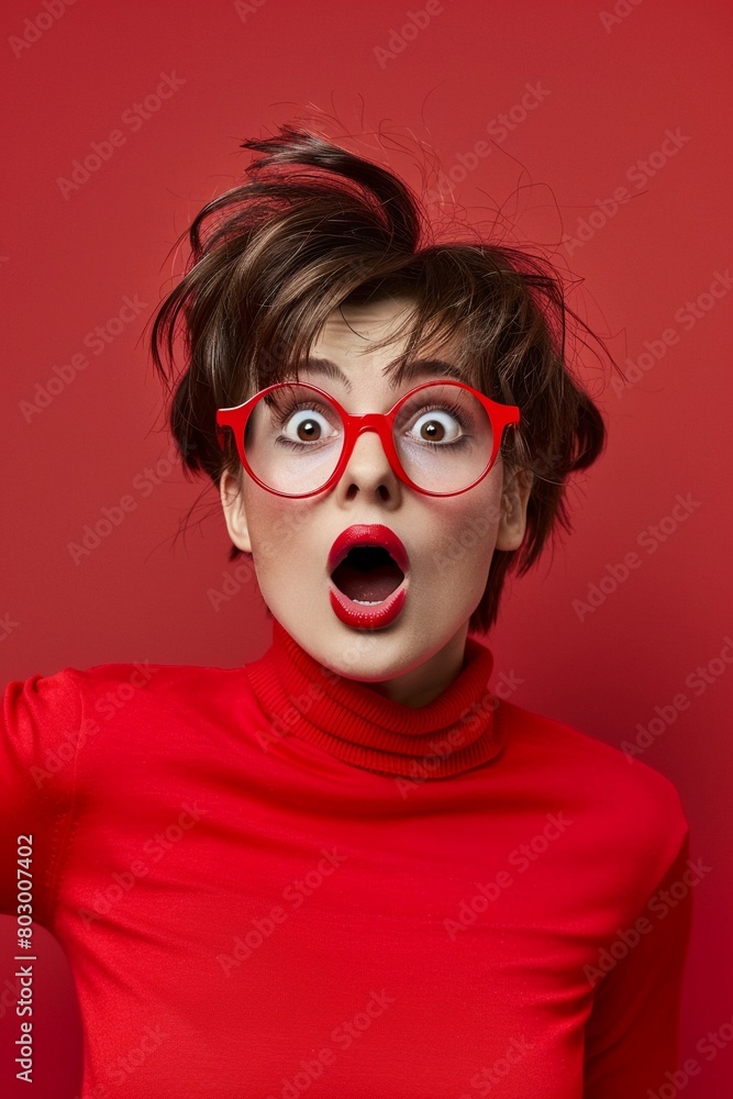 A woman in red with shocked expression and trendy glasses A woman in red with shocked expression and trendy glasses