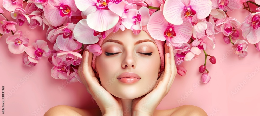 Elegant woman adorned with orchids in hair on soft toned background with space for text Elegant woman adorned with orchids in hair on soft toned background with space for text