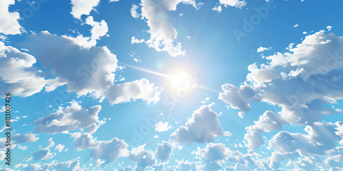 Beautiful blue sky with white clouds and sun, sunlight background panarama photo