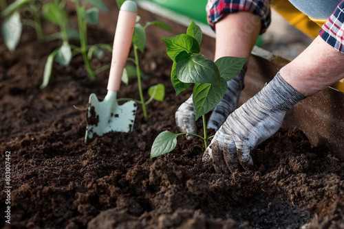 The hands of an elderly woman are holding a young plant in the ground. Bulgarian pepper seedlings are planted in the soil. Close-up. The concept of spring planting of vegetables and agriculture.
