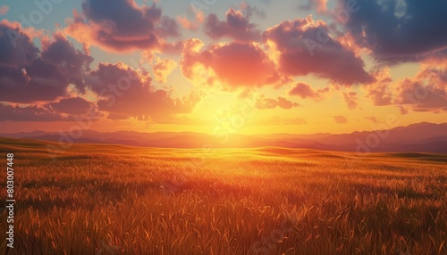 A beautiful sunset over a golden wheat field