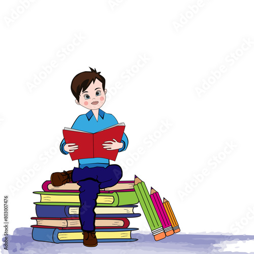 Niño estudiando sentado sobre libros.