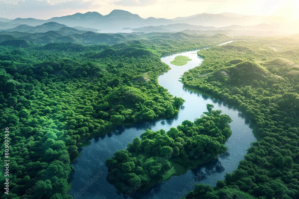 The lush green canopy of the Amazon rainforest is broken up by the winding curves of a wide river The lush green canopy of the Amazon rainforest is broken up by the winding curves of a wide river