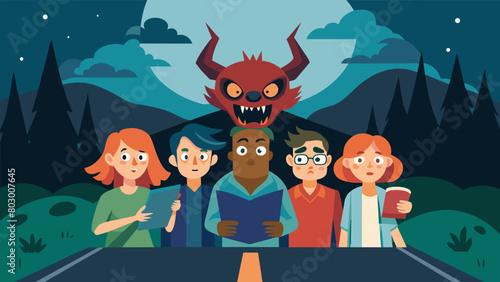 A group of friends on a road trip taking turns telling scary stories like the legend of the Jersey Devil.. Vector illustration