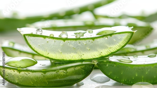 Close up of fresh aloe vera leaves with glistening droplets   vibrant green foliage, moist and lush