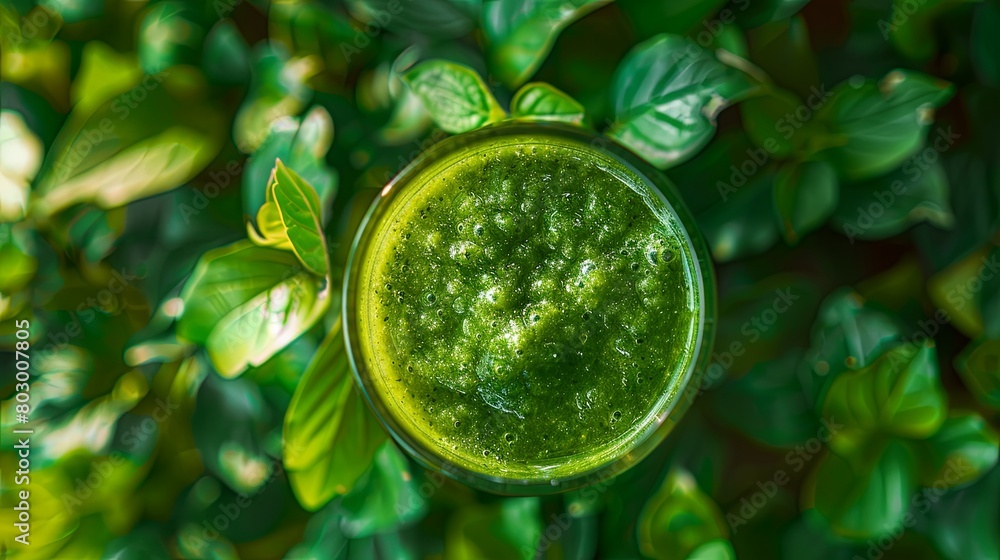 Fresh green smoothie in natural leafy setting Fresh green smoothie in natural leafy setting
