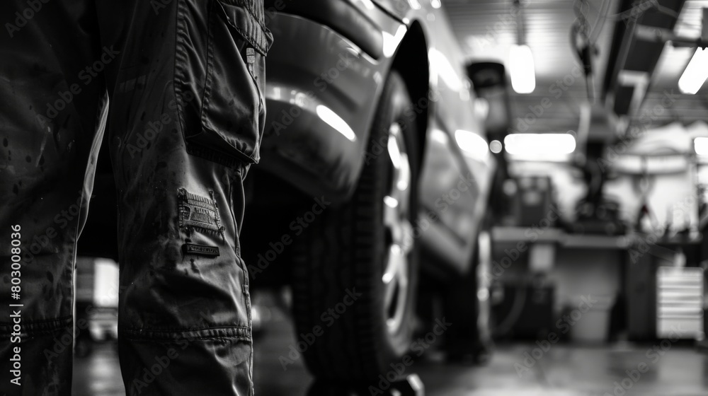 A man is standing next to a car in a garage A man is standing next to a car in a garage