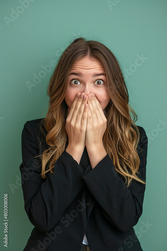 pretty woman looking happy, cheerful, lucky and surprised covering mouth with both hands. business concept
