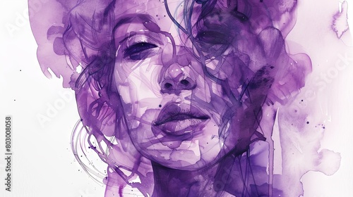 Ethereal purple watercolor portrait of a young woman