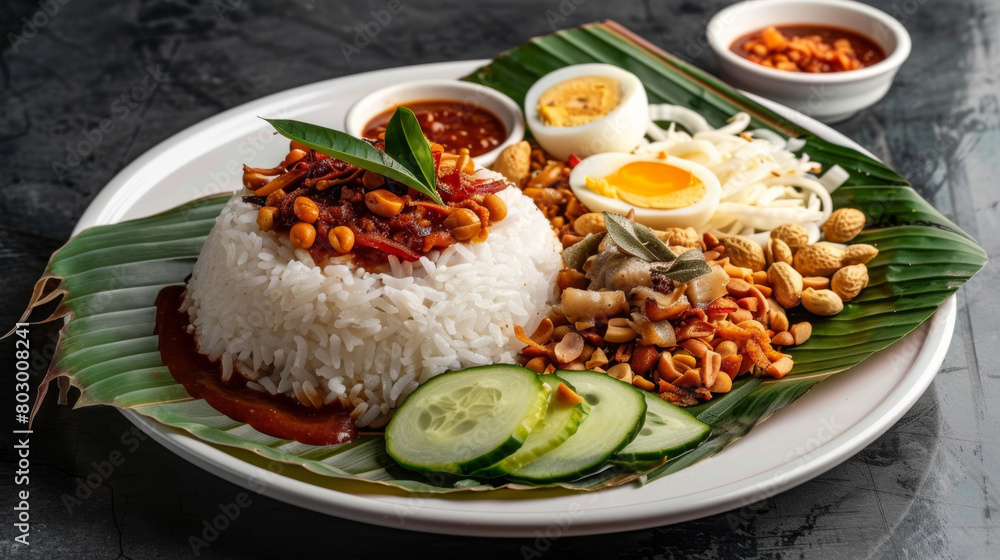 Authentic malaysian nasi lemak served on a banana leaf with spicy sambal, peanuts, cucumber, and boiled eggs on a dark table Authentic malaysian nasi lemak served on a banana leaf with spicy sambal, peanuts, cucumber, and boiled eggs on a dark table