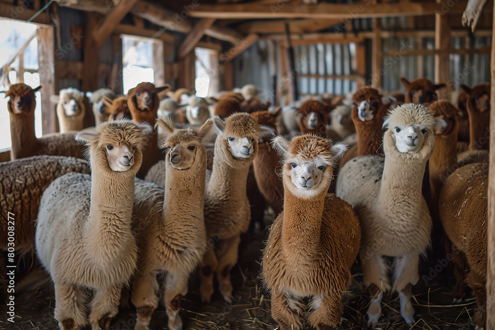 Naklejka premium Farmers shear alpacas at an alpaca farm - focusing on sustainable and ethical production of animal fiber