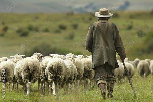 A shepherd guides a herd of sheep across a rural landscape - showcasing traditional livestock management techniques