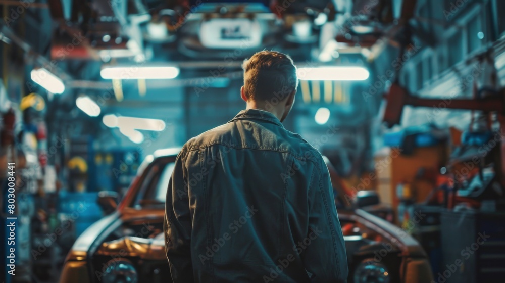 Obraz premium A man standing in front of a car in a garage