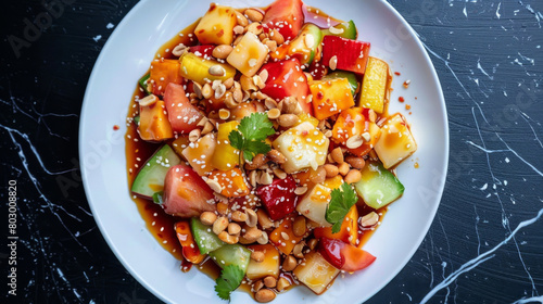 Authentic malaysian rojak salad with fresh fruits, vegetables, tofu, and peanuts drizzled with spicy peanut sauce on a white plate