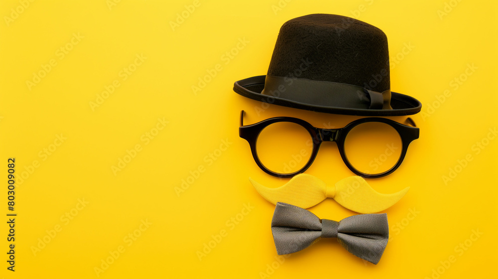 hat, glasses and mustache on tellow background. Father