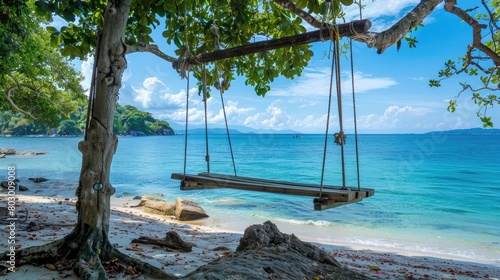 A wooden swing hangs from a tree on a beach, overlooking the water with boats sailing in the distance under a sky dotted with fluffy clouds AIG50 © Summit Art Creations