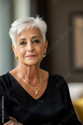 Effortless Chic: A woman in her 50s oozes effortless style with her short, gray locks and a classic black dress.