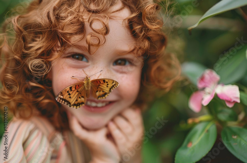 A happy child with curly red hair and a butterfly on her nose laughing in the garden, flowers in the background, wearing a pink shirt in natural light