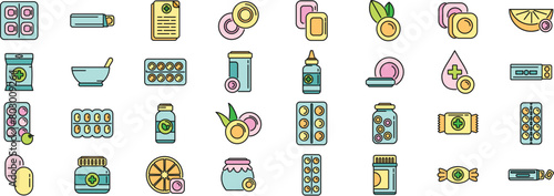 Cough drops icons set outline vector. Pill medicine. Drugs disease thin line color flat on white