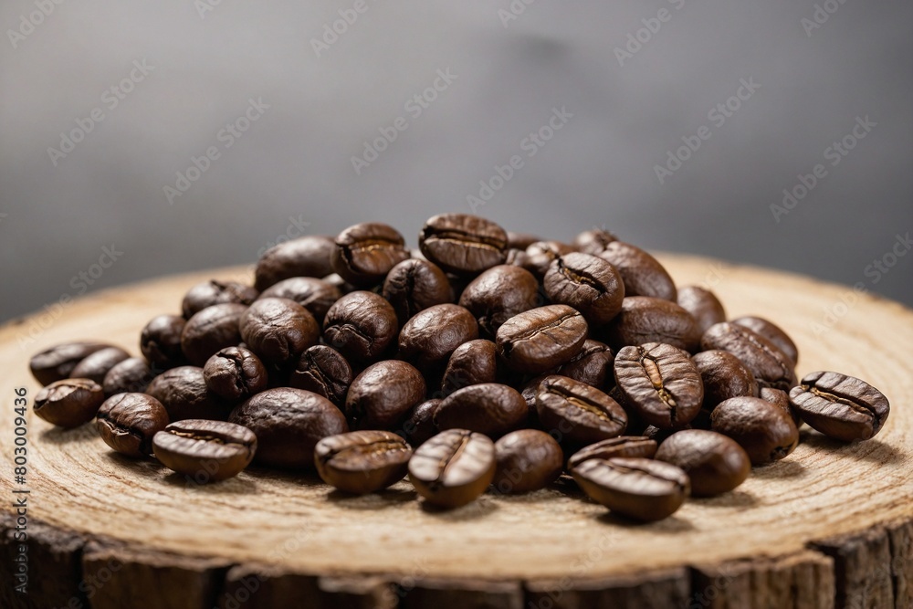Freshly harvested coffee beans arranged on a wooden surface Freshly harvested coffee beans arranged on a wooden surface